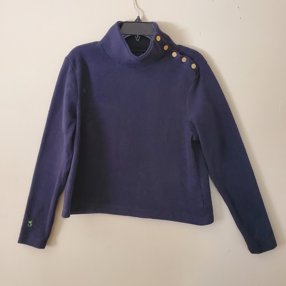 Dudley Stevens Navy Blue Fleece Funnelneck Pullover Sweater Brass Buttons Size L